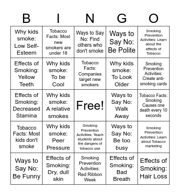 Smoking Prevention Bingo Card