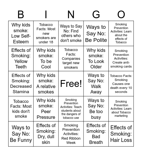 Smoking Prevention Bingo Card