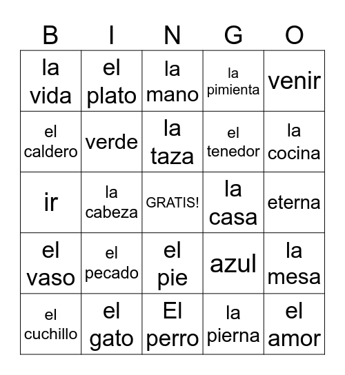 Spanish Bingo Card