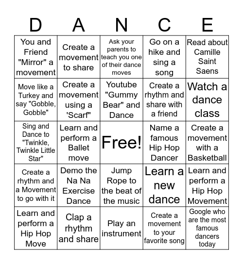 Dance Bingo Card