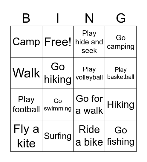 Outdoors Activities Bingo Card