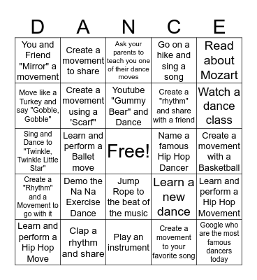 Dance Bingo Card