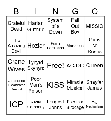 Music Taste Bingo Card