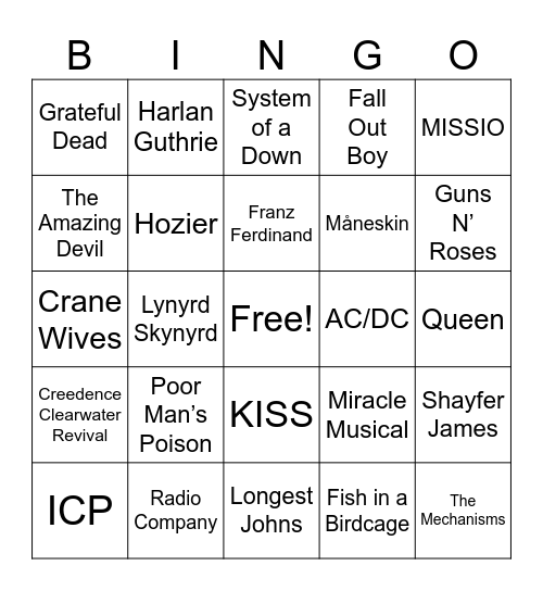 Music Taste Bingo Card
