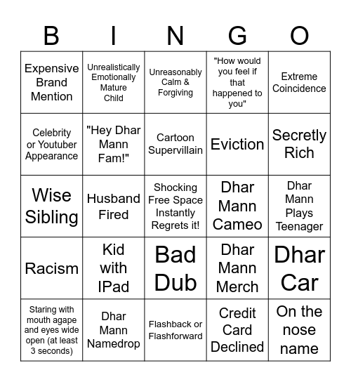 Dhar Mann Bingo Card