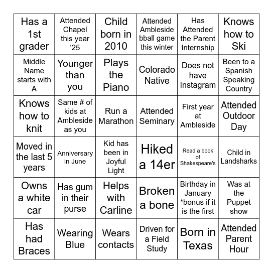 Ambleside Community Night Bingo Card