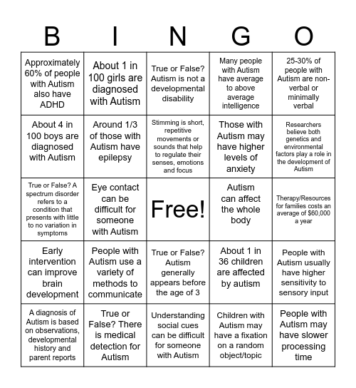 Autism Awareness Bingo Card