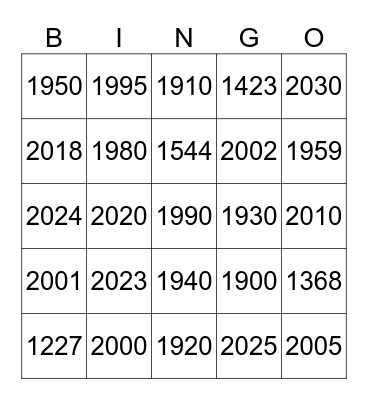 YEARS Bingo Card