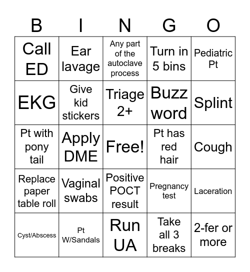 Camas Urgent Care Bingo Card