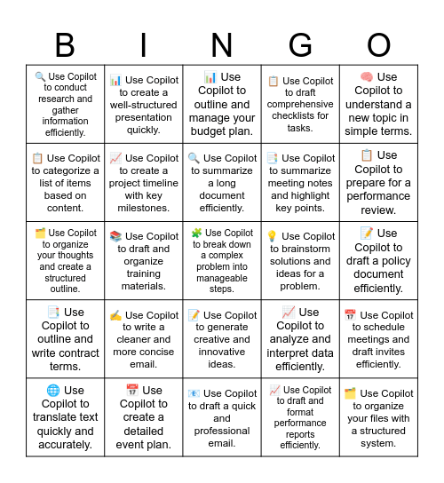 Copilot Chat Bingo Card