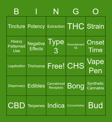 Cannabis 101 Bingo Card