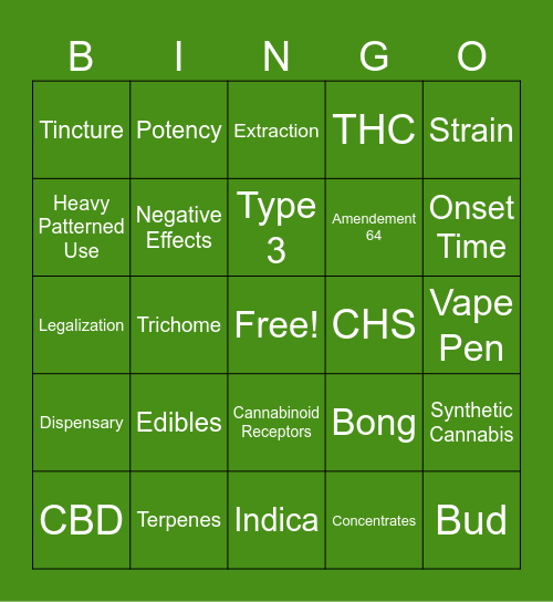 Cannabis 101 Bingo Card