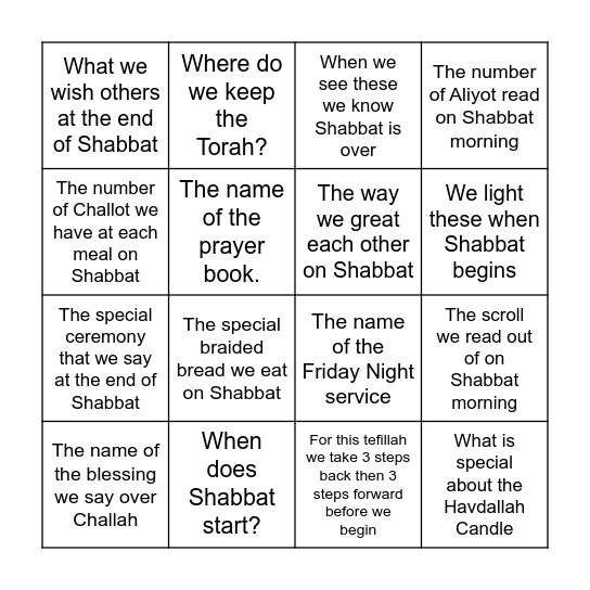 Ramah Sasson Shabbat Bingo Card