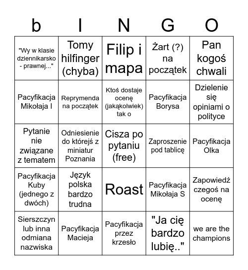 1D na historii ft. Korbal Bingo Card
