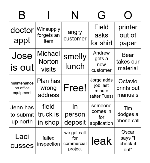 HSI Office Bingo Card