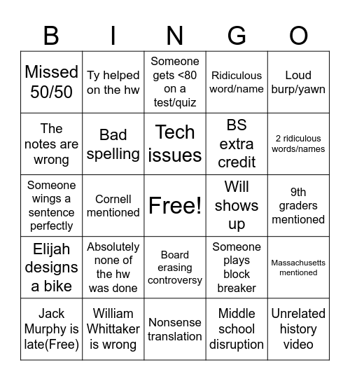 Latin Bingo Card
