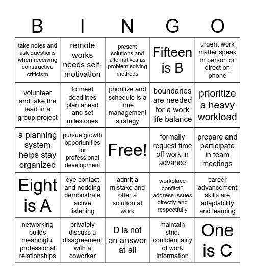 Job Skills Bingo Card