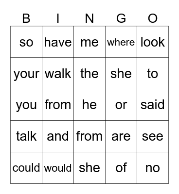 Heart Word Bingo Card