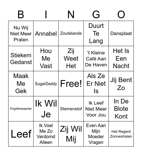 Nederlandstalige Hits Bingo Card