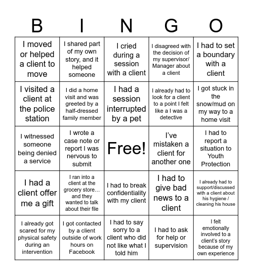 Social work bingo Card