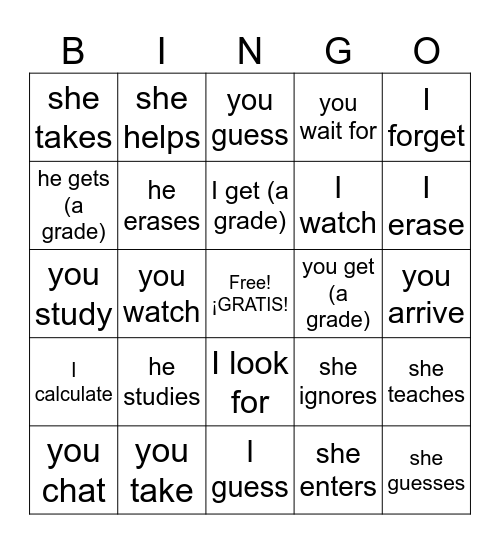 #SIC Los verbos -ar (yo, tú, él/ella ) (Listen in Spanish find in English) Bingo Card