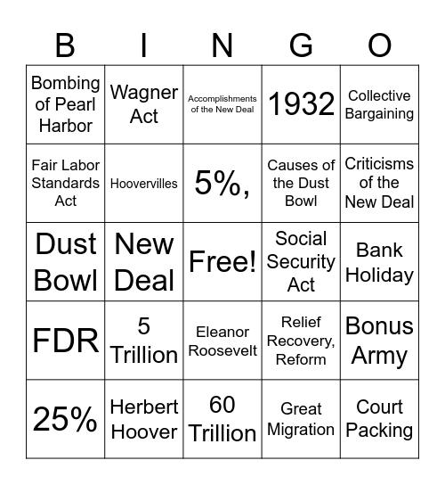 Great Depression Bingo Card