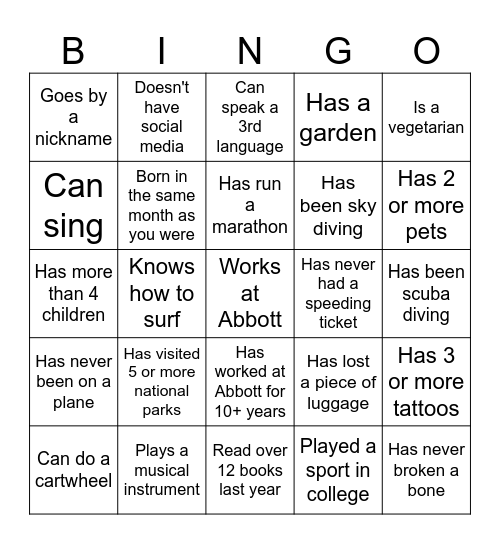 Abbott Teambuilding - Human Bingo Card