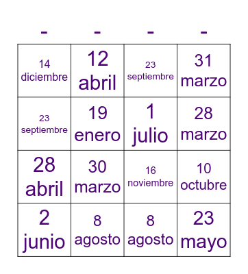 Mi cumpleaños es el _ de __ Bingo Card
