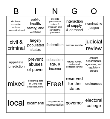 Civics SOL Review Bingo Card