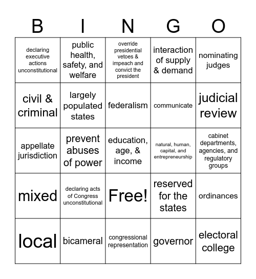 Civics SOL Review Bingo Card