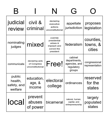 Civics SOL Review Bingo Card