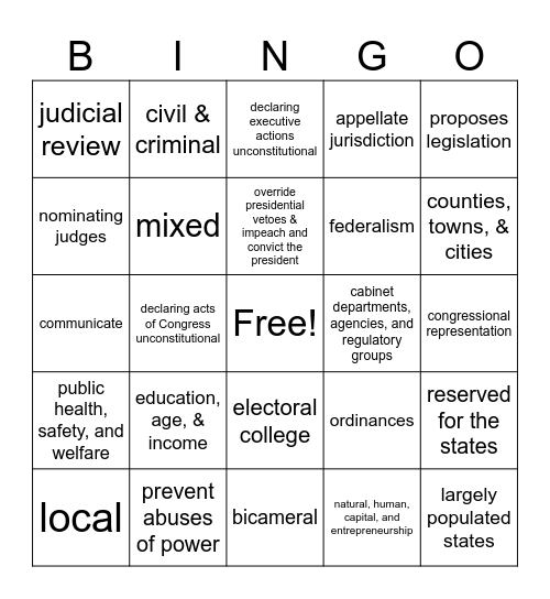 Civics SOL Review Bingo Card
