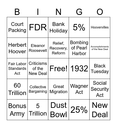 Great Depression Bingo Card