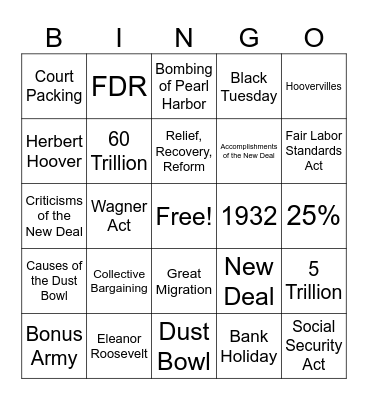 Great Depression Bingo Card