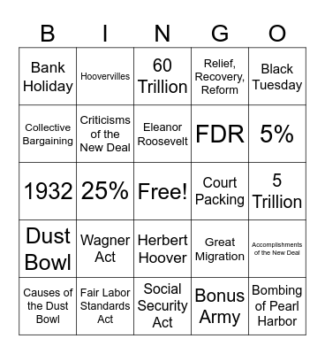 Great Depression Bingo Card