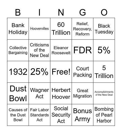 Great Depression Bingo Card