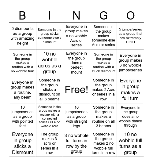 Balance Beam Bingo Card