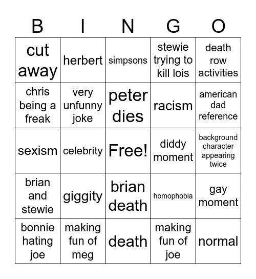 Family Guy Bingo Card