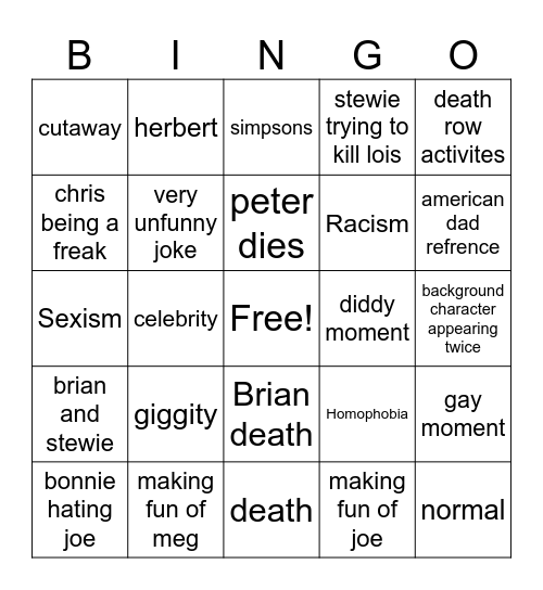 Family Guy Bingo Card