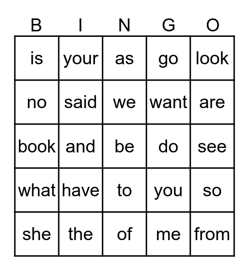 Heart Word Bingo Card