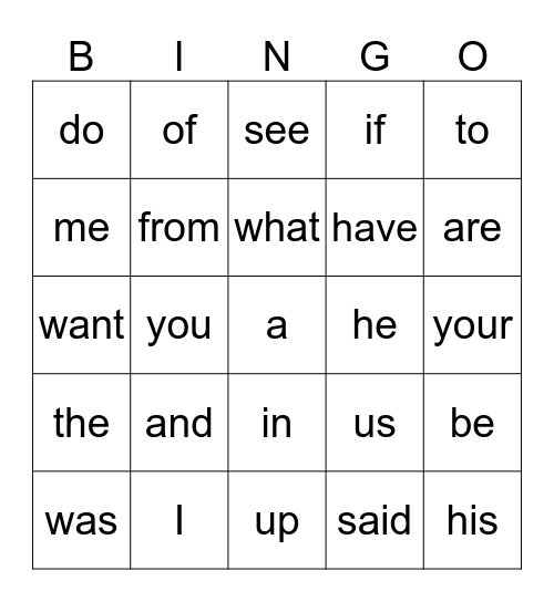 1st Sight Words Bingo Card