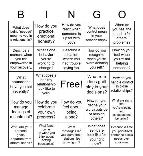 Codependency Bingo Card