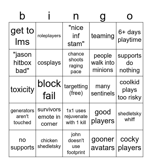 forsaken Bingo Card