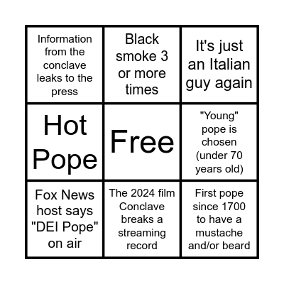 Conclave Bingo Card