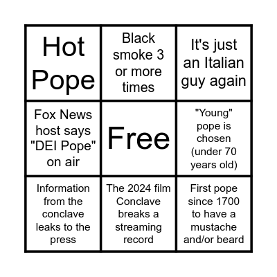 Conclave Bingo Card