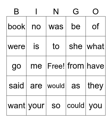 Heart Word Bingo Card