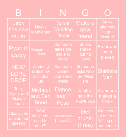 Tom and Sab’s Wedding Bingo Card