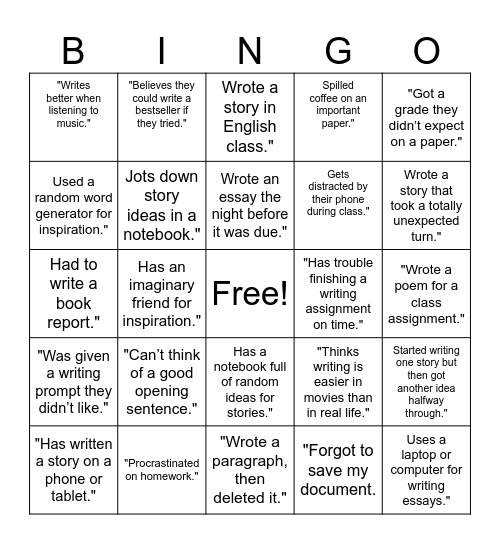 Authors Perspective Bingo Card