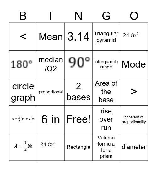 7th Grade math Bingo Card