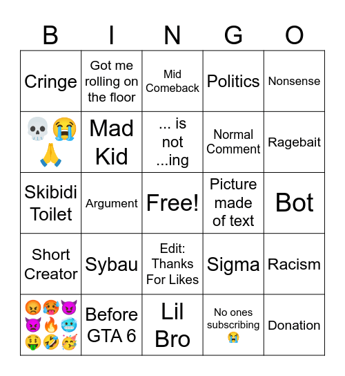 Comments Brainrot Bingo Card